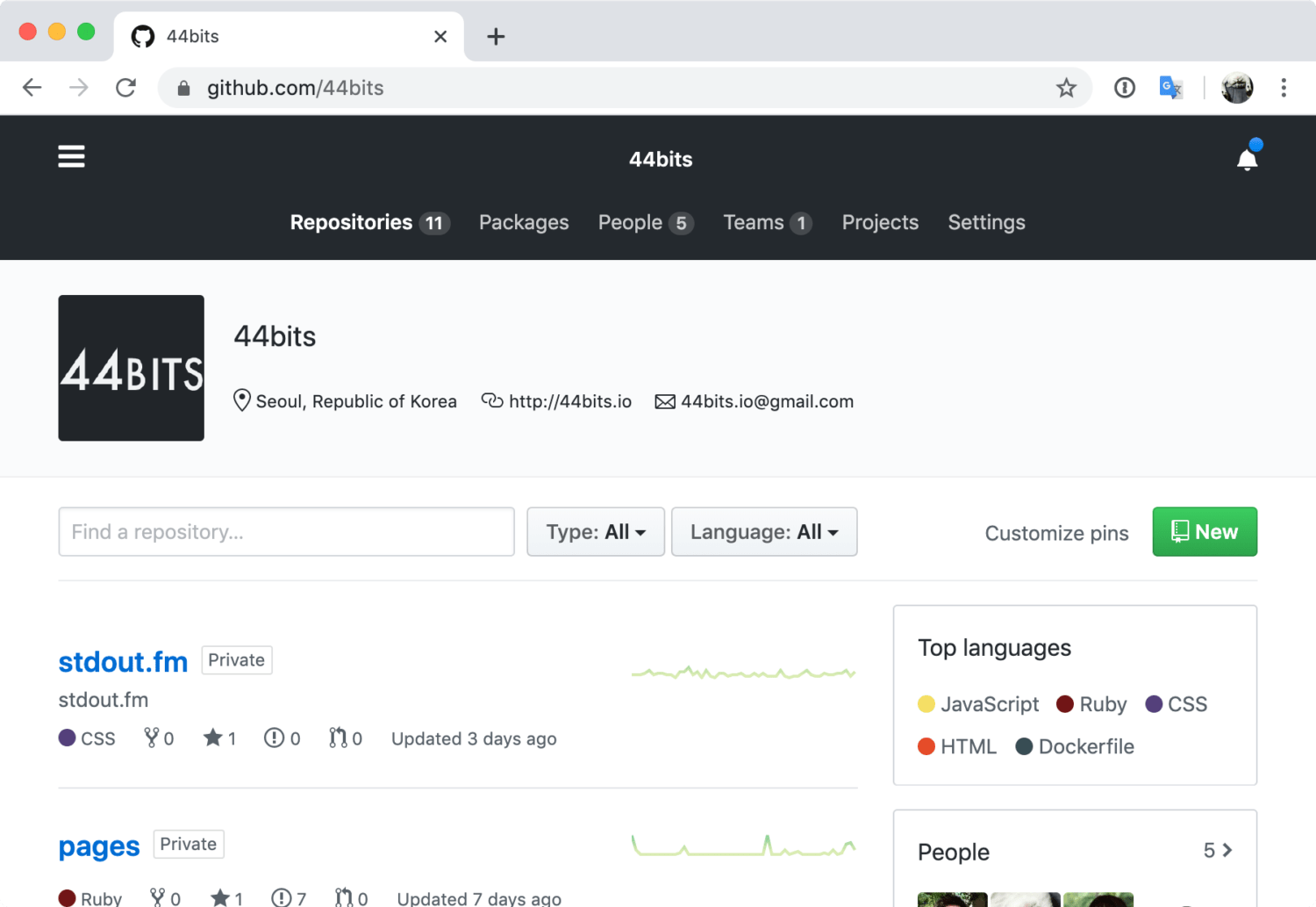 44BITS의 깃허브 오거니제이션(GitHub organization) 페이지
